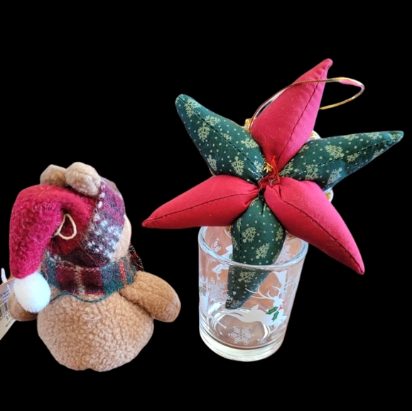 2 Vtg Stuffed Cloth Ornaments 1 Tea Light Candle Holder Star Bear Reindeer Glass - Picture 2 of 3